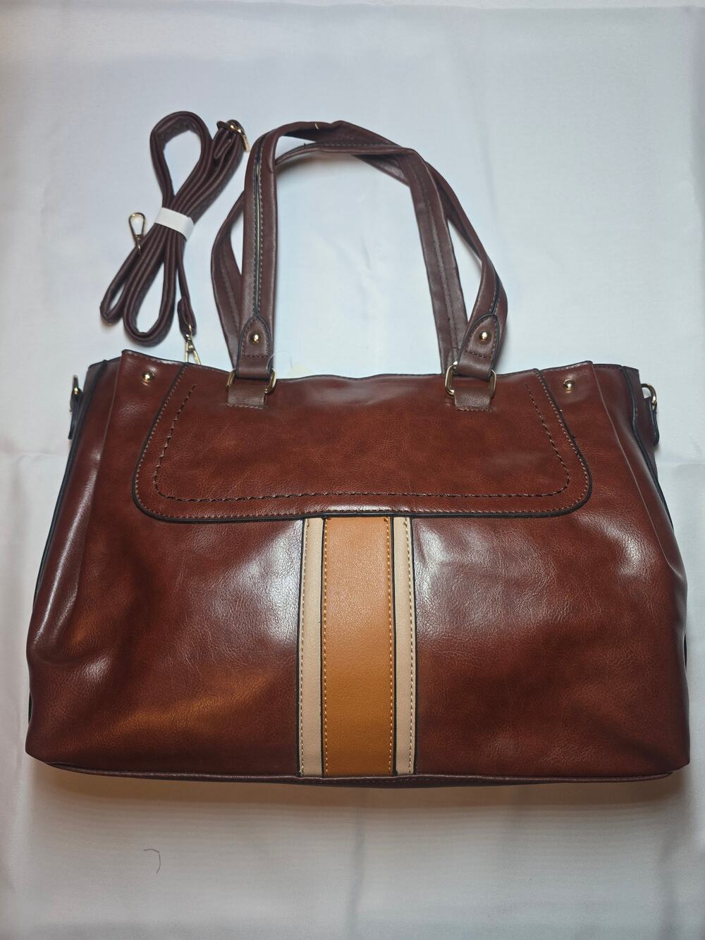 Brown Leather-Look Tote Shoulder Bag with Crossbody Strap